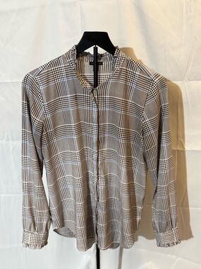 Ann Taylor Black and White Plaid Mandarin Collar Button-Down Blouse